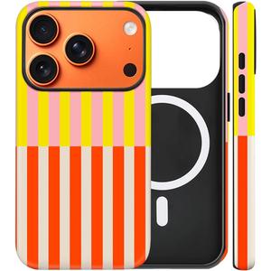 Magnetic for iPhone 17 Pro Case Cute Horizontal Segmentation Stripes Phone Case, Shockproof Slim TPU and Hard PC Protective Phone Cover Compatible with MagSafe Designed for Women Orange&Yellow
