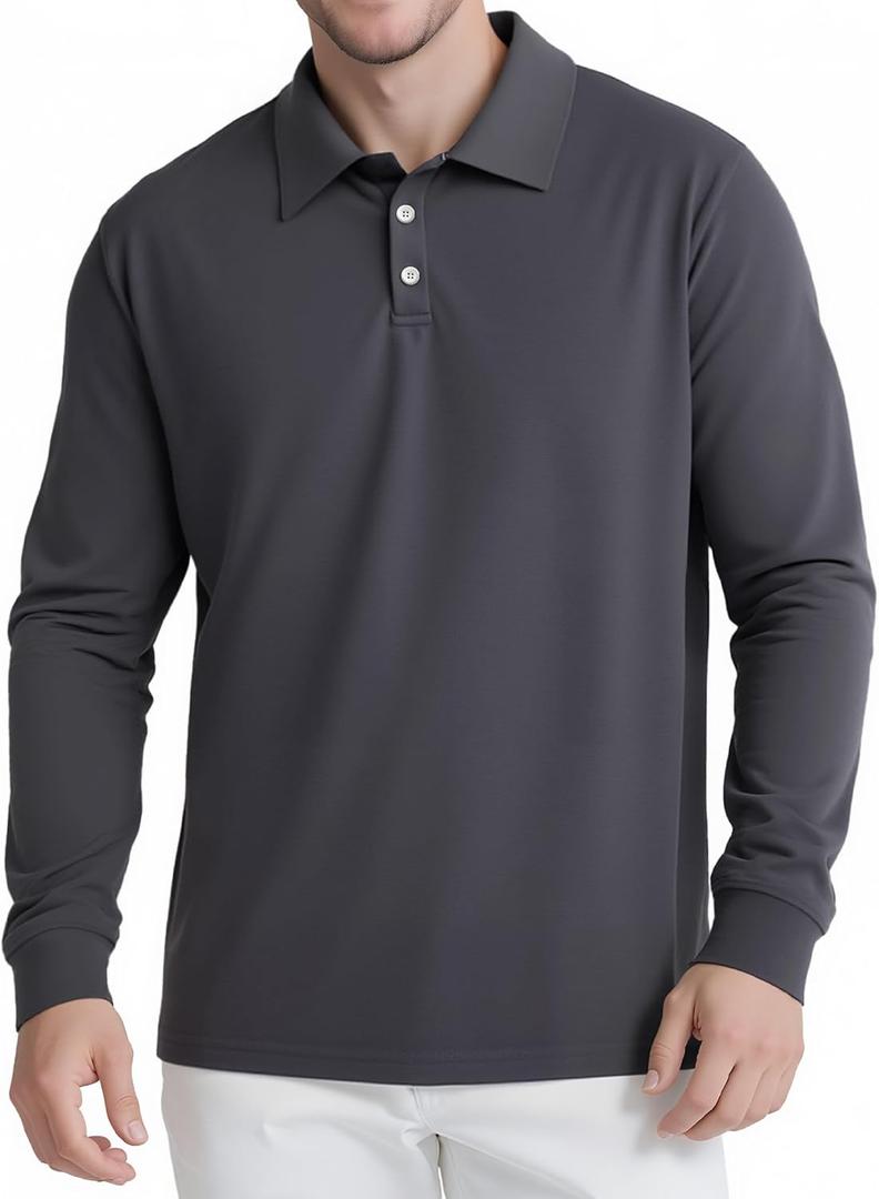 Men's Long Sleeve Polo Shirts for Men, Casual & Work Golf Polo Shirts with Split Hem,Stylish Collared Shirt (Large, Dark Grey)