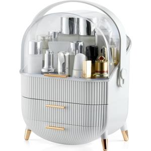 CANITORON Makeup Organizer,Skincare Organizer with 2 Drawers and Transparent Cover,Cosmetic Display Case for Vanity Organizer and Bathroom Countertop Storage.(White) (Large)