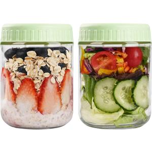 SHOWIN Overnight Oats Containers with Lids, 16oz Glass Jars with Lids 2 pcs, Light Green, Wide Mouth Mason jars for Salad, Yogurt, Snacks, Meal Prep