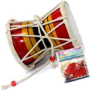 Yogic Mantra Shiv Damroo Music Drum (Approx Size 3.5" x 4") Bundle with Water Beads Random Color Sample Pack - Handheld Monkey Damru Hand Percussion Handmade Damaru Indian Musical Instrument