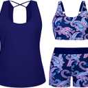 Arolina 3 Piece Swimsuits for Women Tankini Sets Modest Bathing Suits Plus Size Swimsuit Swimwear 2026, Dark Blue Paisley, Medium