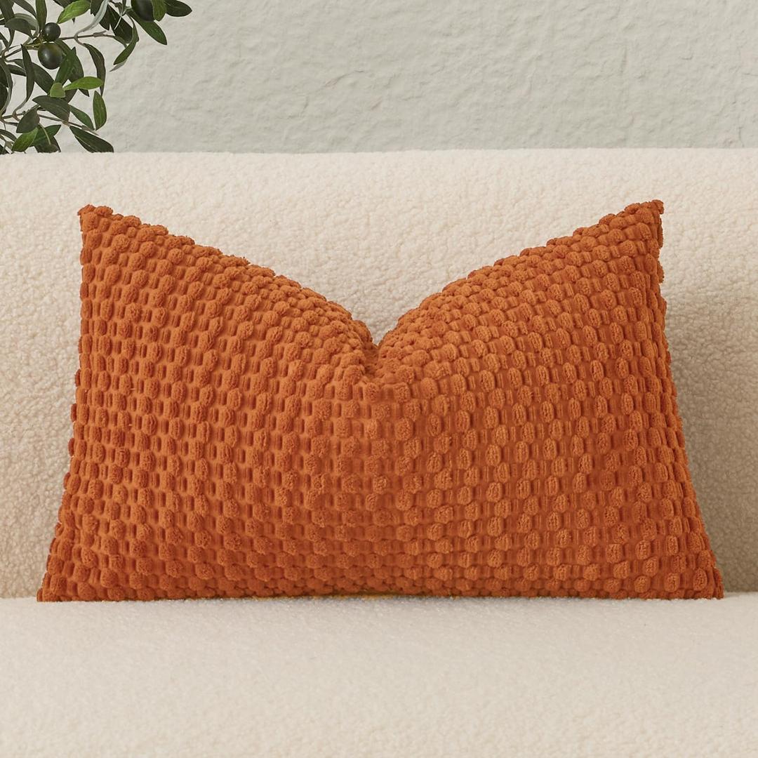 UGASA Fall Velvet 12x20 Inch Lumbar Throw Pillow Cover, Both Sides Corduroy Striped, Soft Solid Decorative Rectangular Cushion Case for Couch/Bedroom/Car, 1 Piece, Orange