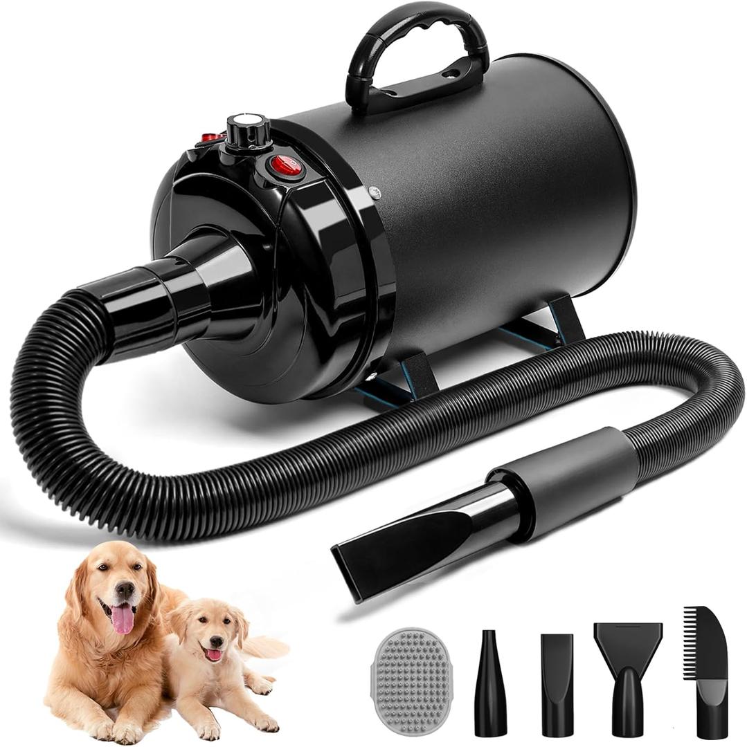 High Velocity Dog Hair Dryer 5.2HP/ 3800W Professional Dogs Blower Grooming Dryer, Adjustable Temperature and Speed Pet Dryers with 4 Nozzles and a Comb, Black