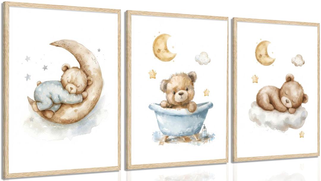 3Pcs Teddy Bear Nursery Wall Art Bear Sleeping on The Moon and Stars Painting Picture Wall Decor Neutral Cute Animal Poster Print Artwork for Kids Baby Room Bathroom Nursery Home Decoration Unframed