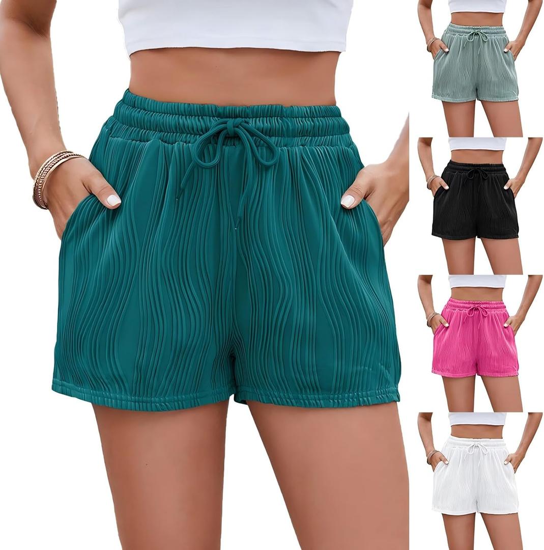 Summer Shorts for Women 2025 Trendy Elastic Waist Drawstring Pants with Pockets Beach Outfits Vacation Boho Clothes (Green, XXL)