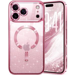 Glitter for iPhone 17 Pro Case with Eye-catching Integrated Lens Protection, [Sparkly Bling Back Panel] [Seamless Work with Magsafe] Cute Women Girly Magnetic Phone Case for iPhone 17 Pro 6.3" Pink