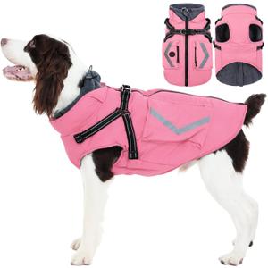 FUAMEY Dog Winter Coat with Harness, Insulated Jacket for Dogs Cold Weather Clothes, Back Zipper Doggie Cover for Snow Day, Pet Outfits with Pop Bag Pockets for Large Dogs, Staffordshire (Pink, L)