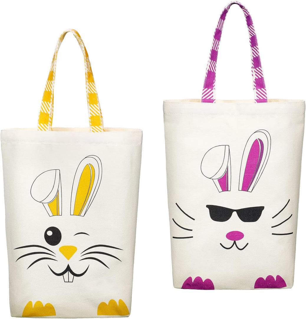 Weewooday 2 Pcs Easter Tote Bags for Kids Easter Canvas Gift Bags Bunny Ears Basket for Boys Girls (Purple, Yellow)