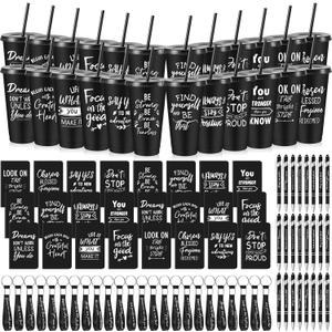Hollowfly 24 Sets/96 Pcs Inspirational Gifts Bulk for Employee Appreciation, 24 oz Plastic Cups and Pens Notebooks Keychains Set, Group Gifts for Office Staff Coworkers (Black)