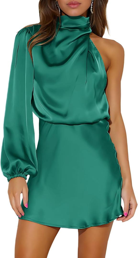 Ferlema Women's 2023 Sexy Satin Dress One Shoulder Elegant Long Sleeve Mock Neck Cocktail Party Mini Dresses Dark Green, Medium
