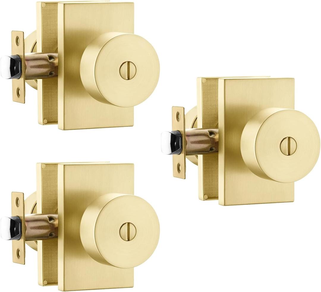 Goldenwarm Gold Door Knobs Interior, Zinc Alloy Brushed Gold Privacy Door Knob for Bedroom Bathroom, Heavy Duty Modern Brushed Brass Door Knobs (3 Pack)