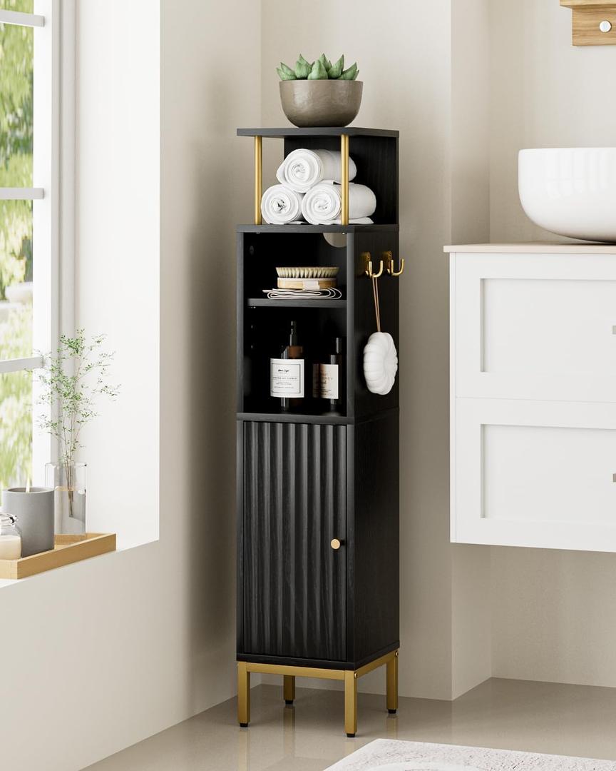 Bathroom Storage Cabinet,Small Corner Floor Cabinet with 2 Hook,Narrow Tall Toilet Paper Cabinet with Adjustable Shelves,Bathroom Organizer for Living Room,Small Spaces (Wave, Black-37''H)