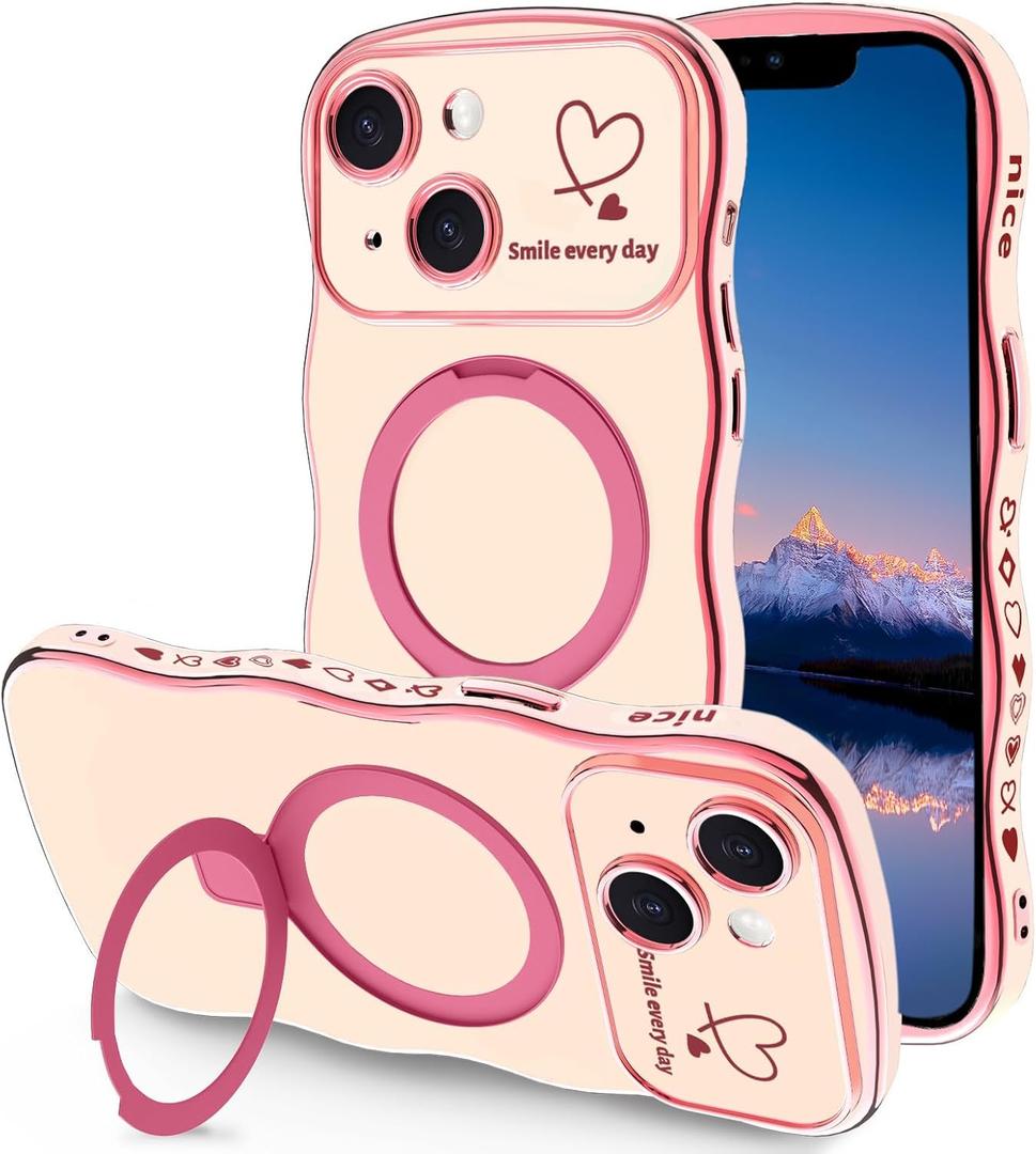 Case for iPhone 14 Plus with Magnetic Stand, Luxury Plating Curly Wavy Frame and Cute Heart Pattern, Lens Edge Raised Protection, Slim Shockproof Soft Case for iPhone 14 Plus-Pink