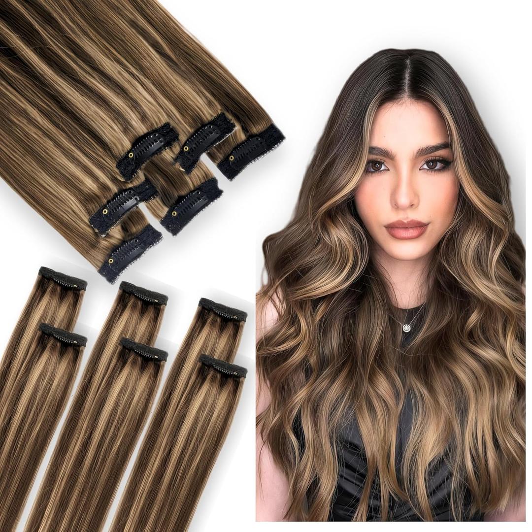 Single Clip In Hair Extensions Real Human Hair, Short Hair Extensions Clip Ins, Remy Balayage Highlight Seamless Hairpieces for Women 6 Pcs 14 Inch 36g Medium Brown Mixed Honey Blonde