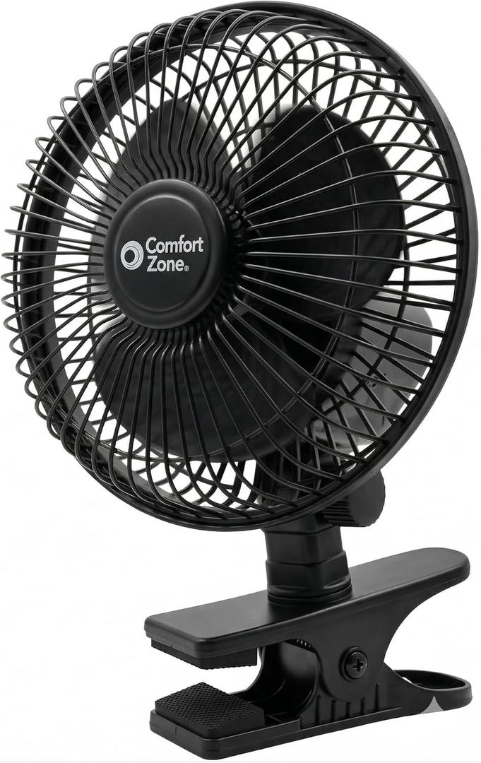 Comfort Zone 6-Inch Corded Clip-On Personal Fan  2-Speed Quiet Desk Fan with 360 Rotation, Fully Adjustable Tilt & Secure Strong Clamp  Mini Air Circulator for Desks, Bedside & Office (Black)