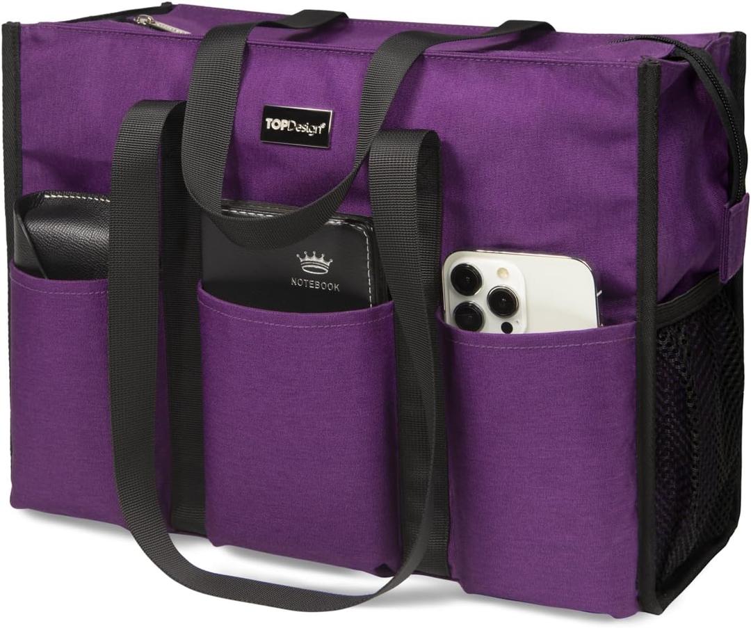 TOPDesign Utility Water Resistant Tote Bag with 13 Pockets, Top Zipper Closure & Thick Bottom Support, for Working Women (Large, Purple)