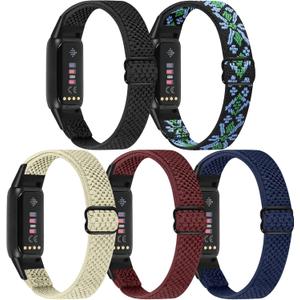Elastic Nylon Bands Only Compatible with Fitbit Luxe Bands for Women Men, Breathable Adjustable Sport Loop Wristband Replacement Woven Soft Stretchy Straps for Fitbit Luxe - 5Pack (Black+Burgundy+Indigo+Bohemia Blue+Beige)