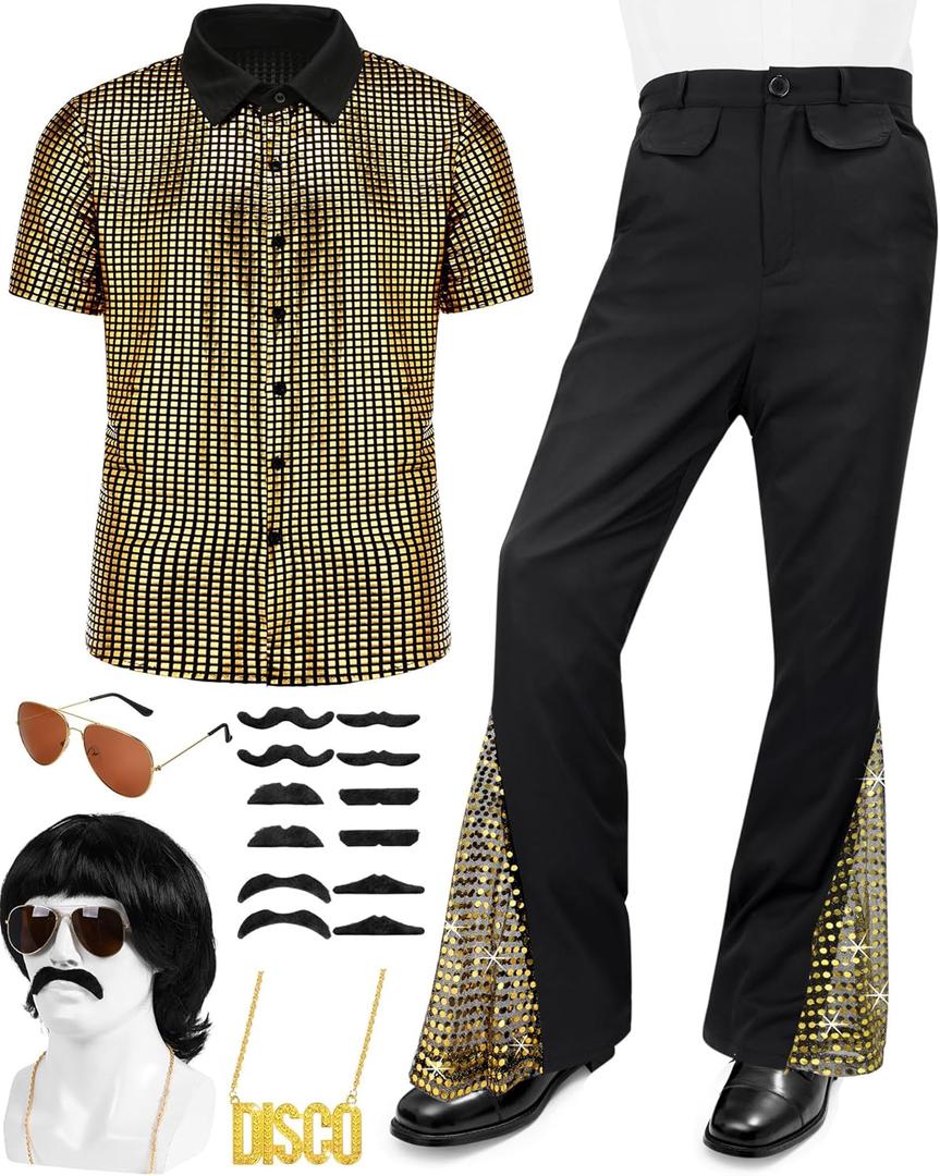 Mepase 6 Pcs Men's 70s Disco Outfit Costume New Year Eve Halloween Couples Costume 80s Bell Bottom Pants Short Sleeve Shirt, Medium