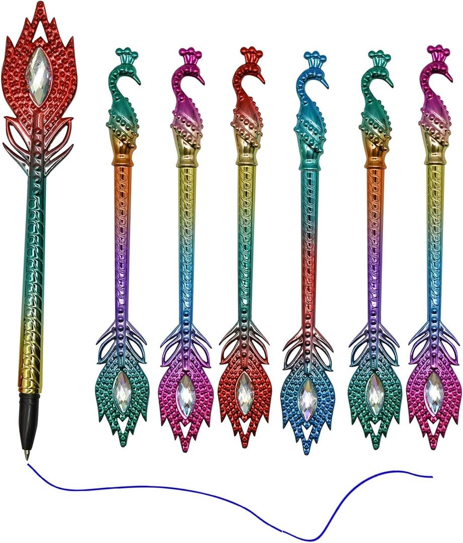 12 PCS Dazzling Peacock Pens Feather Pen With Diamond Colored Phoenix Pens 0.5 Blue Gel Ink For Office Birthday Christmas Party