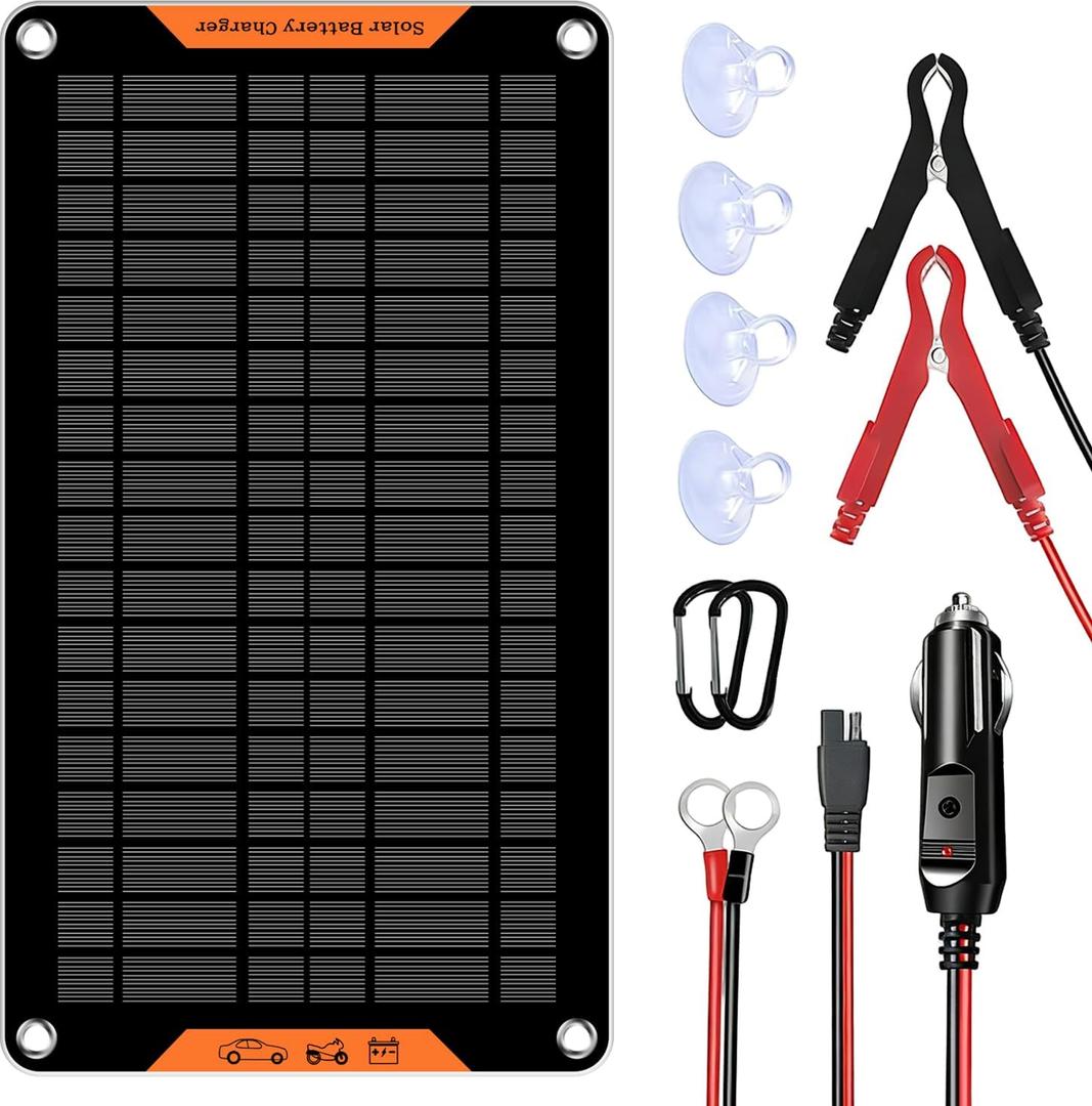 12 Volt 10 Watt Solar Car Battery Charger & Maintainer, Solar Panel Trickle Charger, with Alligator Clip& Cigarette Lighter PlugAdapter for Car, Boat, Automotive, Motorcycle, RV (Black)