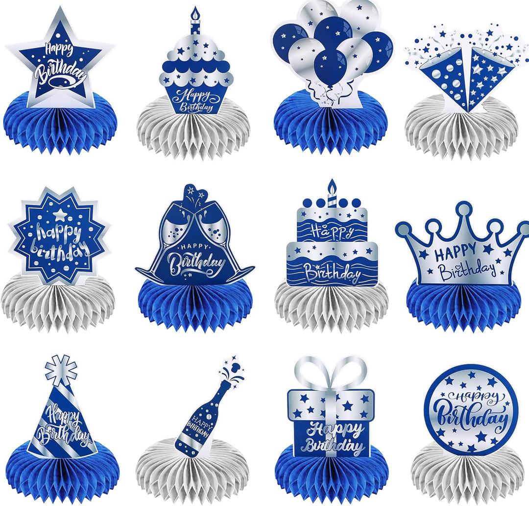 12 Pcs Happy Birthday Decorations for Men Blue Silver Honeycomb Centerpieces Party Supplies Paper Table Decorations Royal Table Centerpieces for Boys, Kids Party