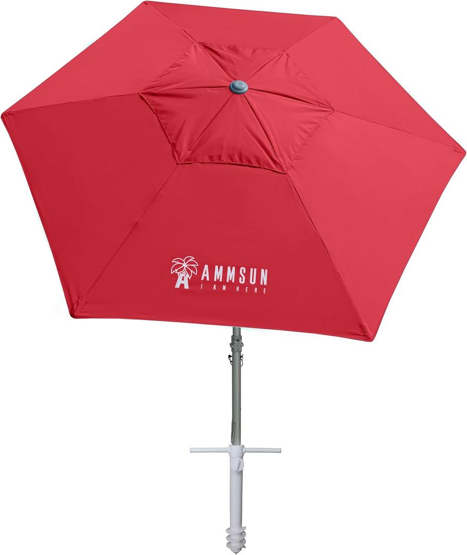 AMMSUN 8ft Large Beach Umbrellas for Sand Heavy Huty Wind Portable Commercial Grade Patio Beach Umbrella with Sand Anchor Adjustable Height Air Vent UPF 50+ Telescoping Pole without tilt Red