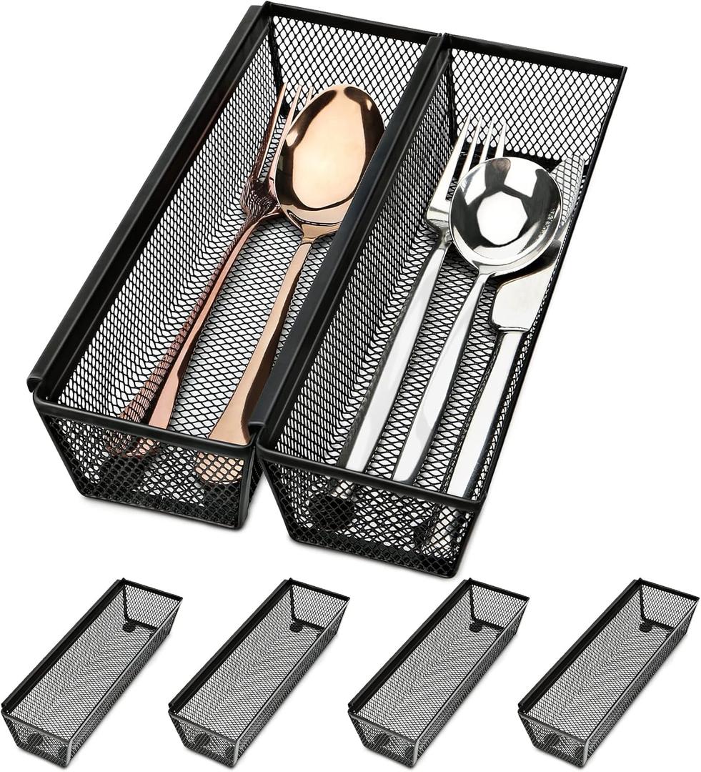 Smgmg Silverware Drawer Organizer, Silverware Organizer for Drawer, 6 Pack Utensil Organizer for Kitchen Drawers, Kitchen Drawer Organizer for Large Utensils with Interlocking Arm (9.6 * 3 * 2 inch) (Black)