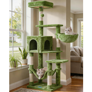 Hey-brother Cat Tree, Multi-Level Sisal Covered Scratching Posts, MPJ050GR
60.6 Inches Tower with Condo, Large Hammock, Top Perch, Toy Ball for Indoor Multi-Cats Households, Green