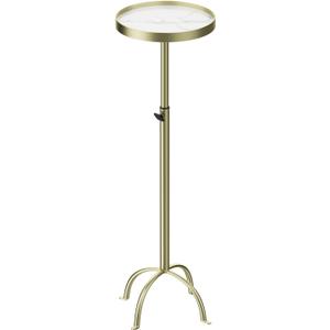 Adjustable Height Pedestal Marble Side Table, Round Coffee Table with Antique Brass Metal Base & White Marble Top, Vintage Industrial End Table for Small Spaces Living Room Bedroom, Adjustable height from 19" to 29"