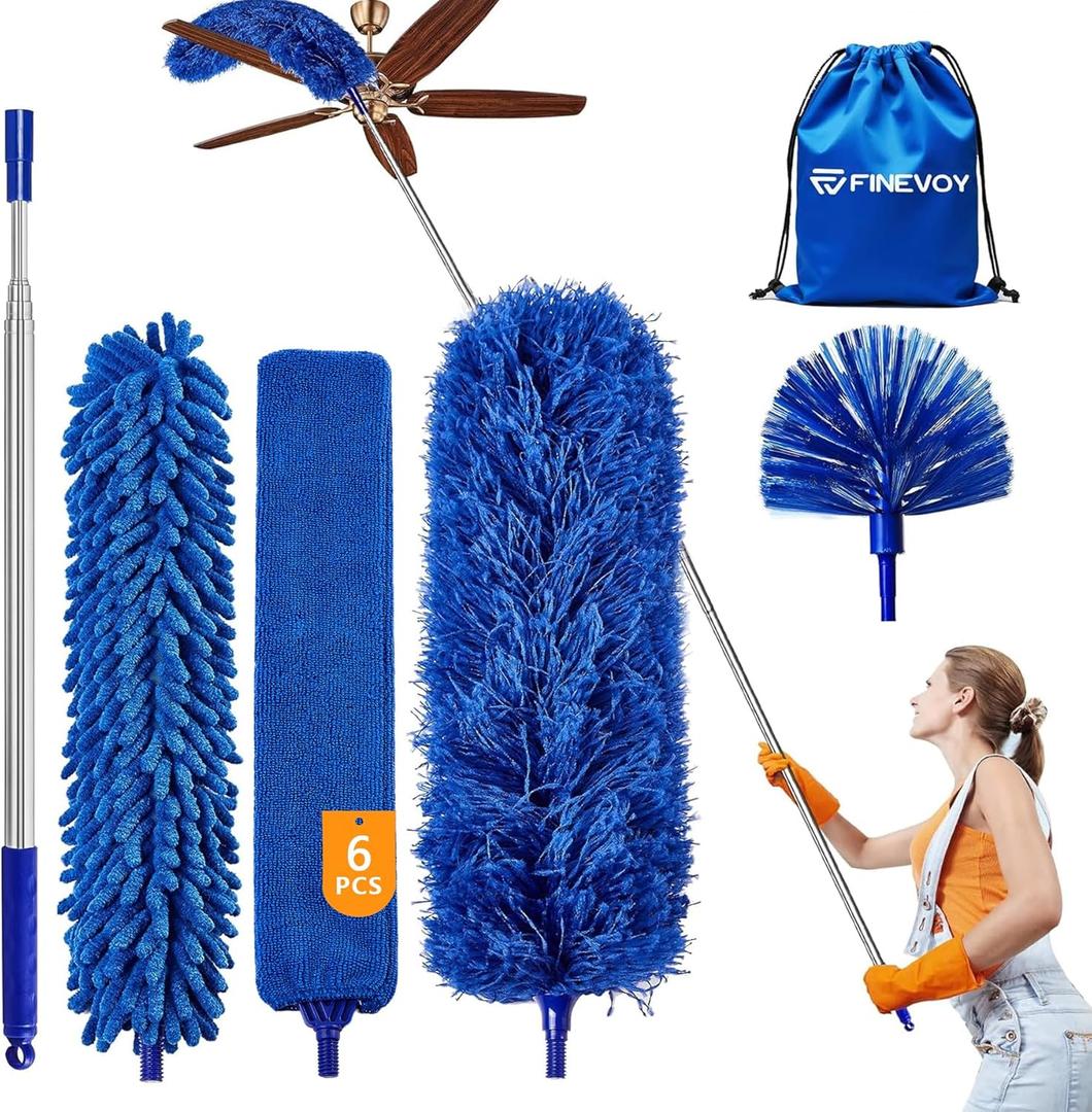 6-in-1 Duster with Extension Pole, 100" Long Reach Cleaning Kit for Home