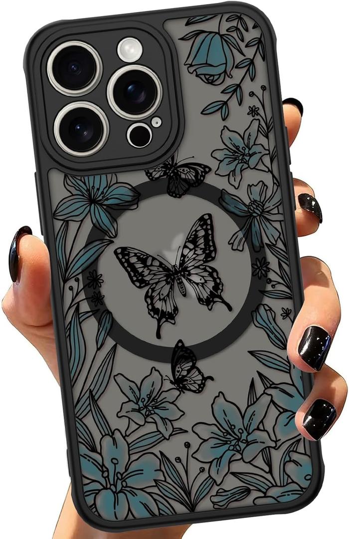 ZIYE for iPhone 13 Pro, Magnetic Matte Phone Case [Compatible with MagSafe] [Butterfly Lily Pattern Design] Black Bumper Hard Back Shockproof Cover for Women Girls (iPhone 13 Pro) - Butterfly