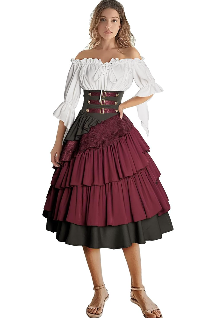 Women's Pirate Costume Retro Renaissance Cosutmes Women Layered Ruffle Viking Outfit Set 2XL Women's Pirate Costume Retro Renaissance Cosutmes Women Layered Ruffle Viking Outfit Set 2XL