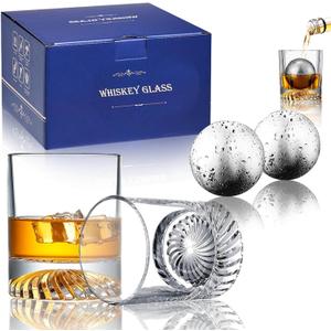 Whiskey Glasses,2 Old Fashioned Glasses Set with 2 XXL Stainless Steel Ice Balls,10oz Whiskey Rocks Glasses Gift for Men,Bourbon Tumbler for Scotch Whisky Cognac,Rock Barware at Bar Home