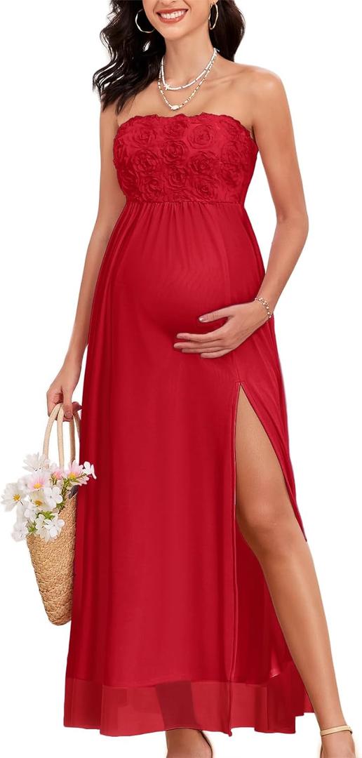 3D Floral Mesh Split Strapless Maternity Dress Tube A-Line Pregnancy Dresses Baby Shower Photoshoot (M, Red)