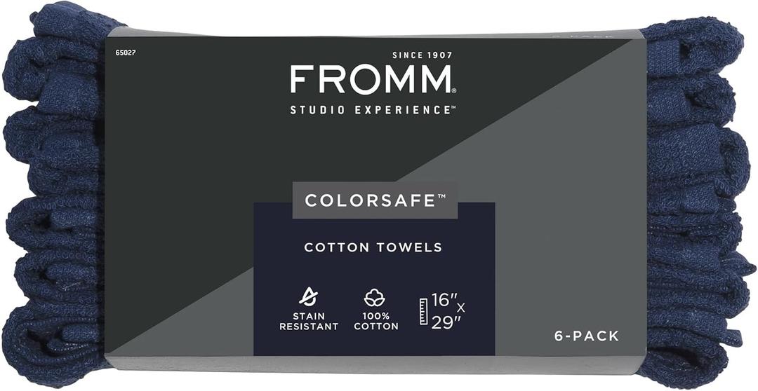 Fromm ColorSafe 100% Cotton Bleach Proof Salon Hair Towels for Hairstylists, Barbers, Spa, Gym in Navy, 16" by 29", 6 Count Absorbent Stain Resistant Towels for Drying Curly, Long, Wavy Hair