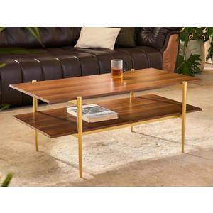 Shrine Rectangle Coffee Table, Mid-Century Modern Design, Two-Tier Walnut MDF Table, 41" D x 21" W x 17" H, Sleek Conical Metal Legs with Gold Finish