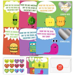 HIDEGRASS Funny Joke Valentine's Day Cards for Kids Classroom, 30 Pack Valentine Cards with 36 Stickers & 30 Envelops, Valentines Gifts for Boys Girls