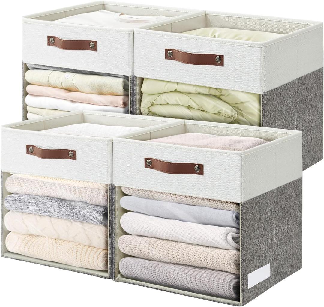 Storage Cubes, 4 Pack Linen Foldable Storage Bins (13 x 13 inch) with Clear Window and Handles, Fabric Organizer for Shelf Closet, Clothes, Books - (Gray and White)