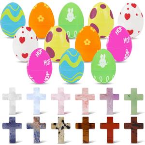 NZNDB 12 Pcs Prefilled Easter Eggs with Mini Cross Crystal Stone Bulks, Easter Eggs With Pocket Crosses for for Kids Boys Girls Easter Basket Stuffers Party Favors Easter Egg Hunt