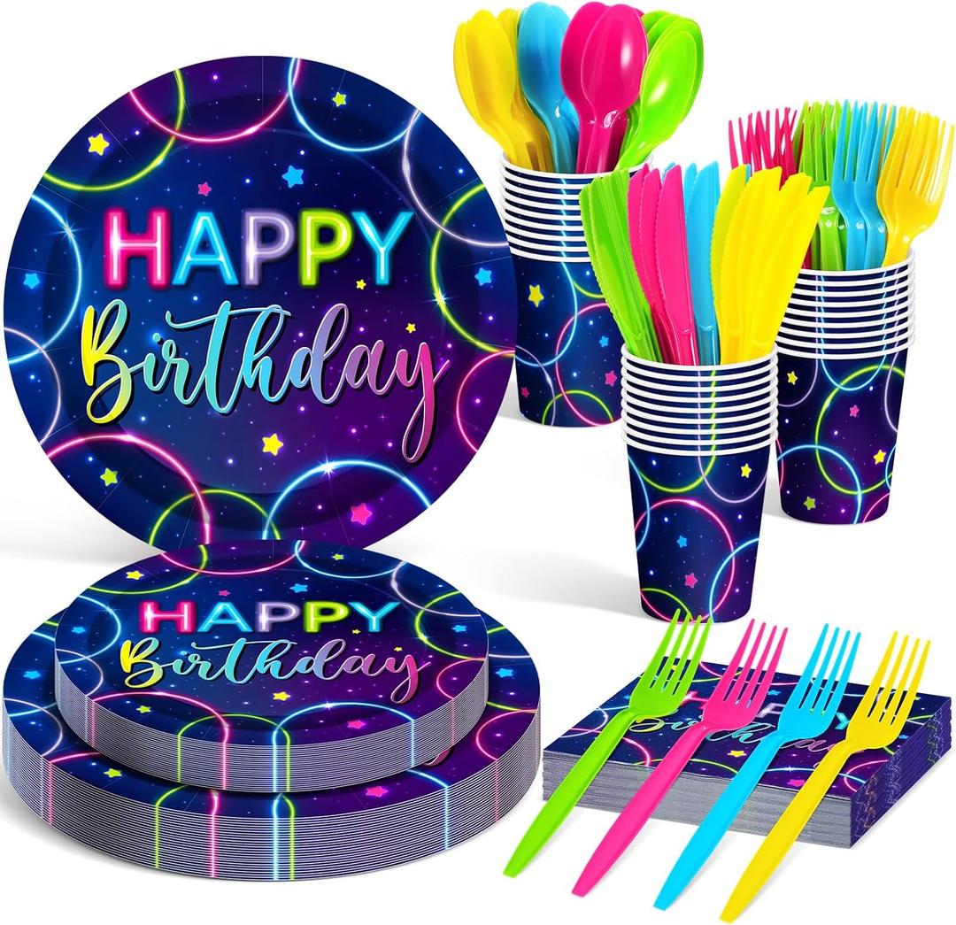 Meanplan Serves 24 Guests Neon Happy Birthday Party Plates and Napkins Neon Glow Birthday Tableware Set Let's Glow Party Decorations for Kids Included Cups Knives Forks Spoons Total 168 Pcs