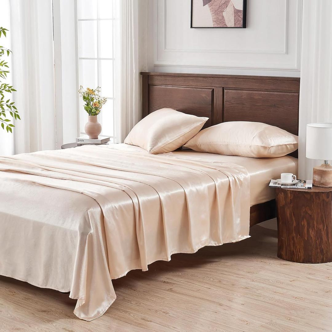 Satin Sheets Queen Size - 4-Piece Embossed Bed Sheet Set with Deep Pocket Fitted Sheet, Smooth and Cooling Silk Feel, Includes 1 Flat Sheet, 1 Fitted Sheet, and 2 Pillowcases (Beige)
