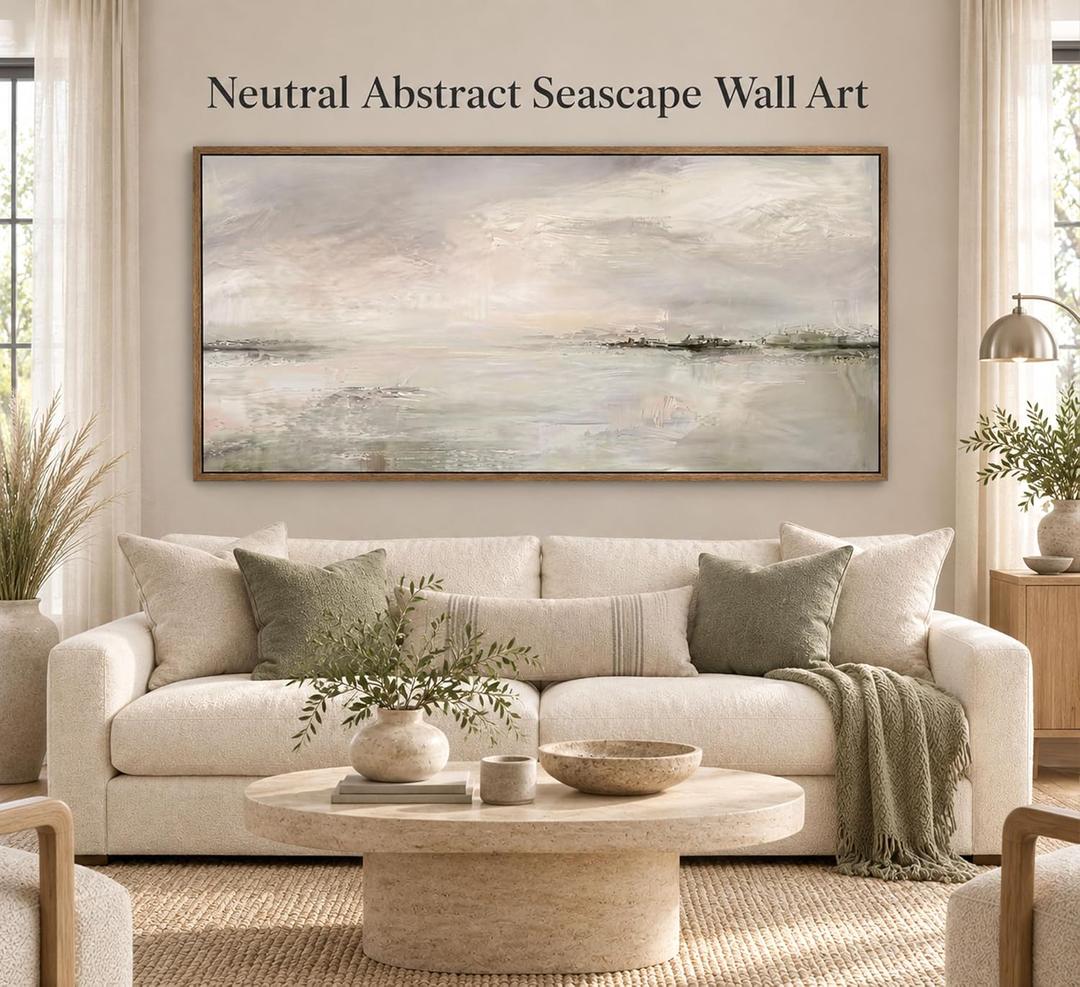 Framed Canvas Neutral Abstract Seascape Wall Art 24x48in