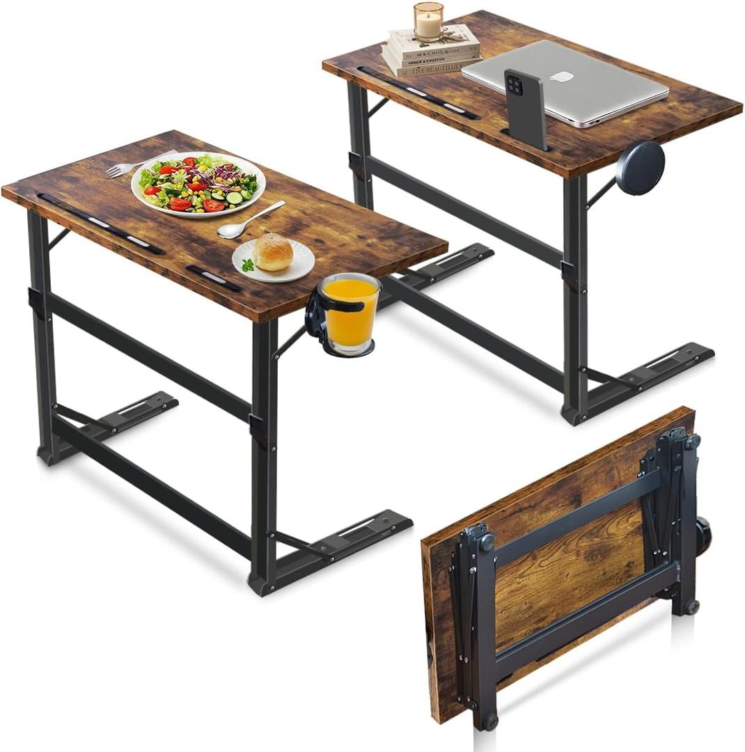 23.3 Inch Folding Desk that Comes Fully Assembled, a Large TV Tray Table for Eating on the Couch with a Cup Holder, Rustic Brown