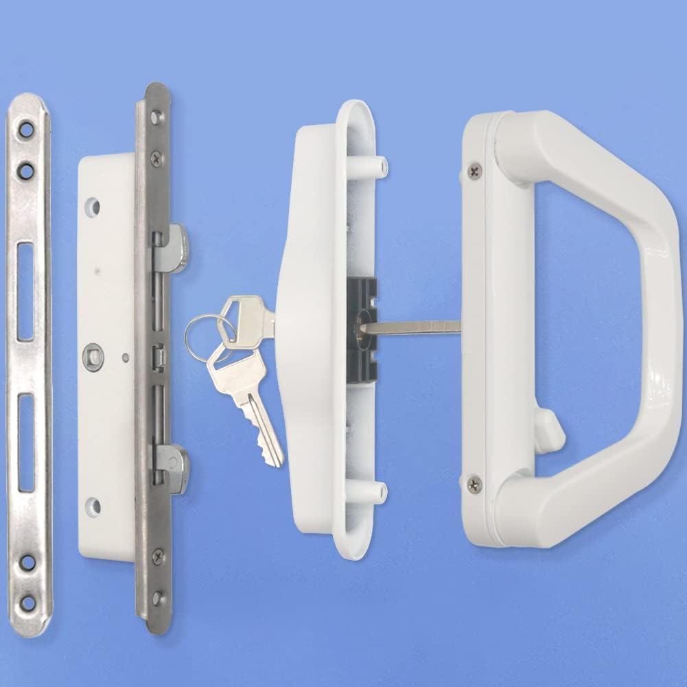 Sliding Patio Door Handle Set with Mortise Lock, Suitable for Sliding Glass Patio Door Thickness from 1.5in to 2in, 4-15/16" Screw Holes, Need to Drill, Reversible Design, Keyed, White