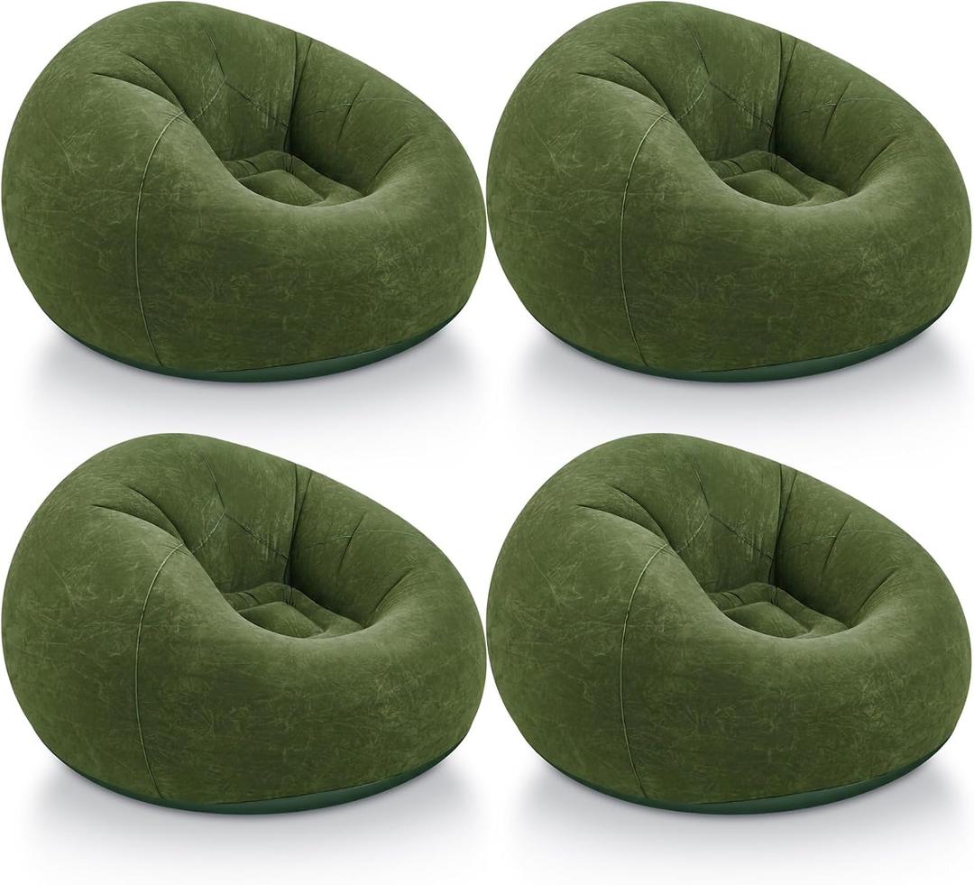 Realspring Inflatable Bean Bag Chairs, Dark Green, 4 Pcs | Outdoor Blow Up Chairs for Adults, Movie Night Seating, Portable Lazy Sofa Loungers, Backyard Camping Couch