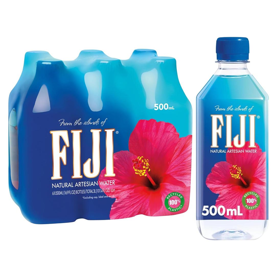 FIJI Natural Artesian Bottled Water 500 mL / 16.9 Fl Ounce (Pack of 6) - 100% Recycled Plastic Best By: 06 Feb 2025
