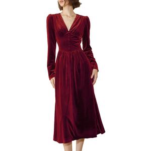 xxxiticat Women's Puff Sleeve Velvet Dress Long Lantern Sleeve V Neck Button Ruffle Pleated Single Breast Maxi Party Dress(WR,M) Wine Red