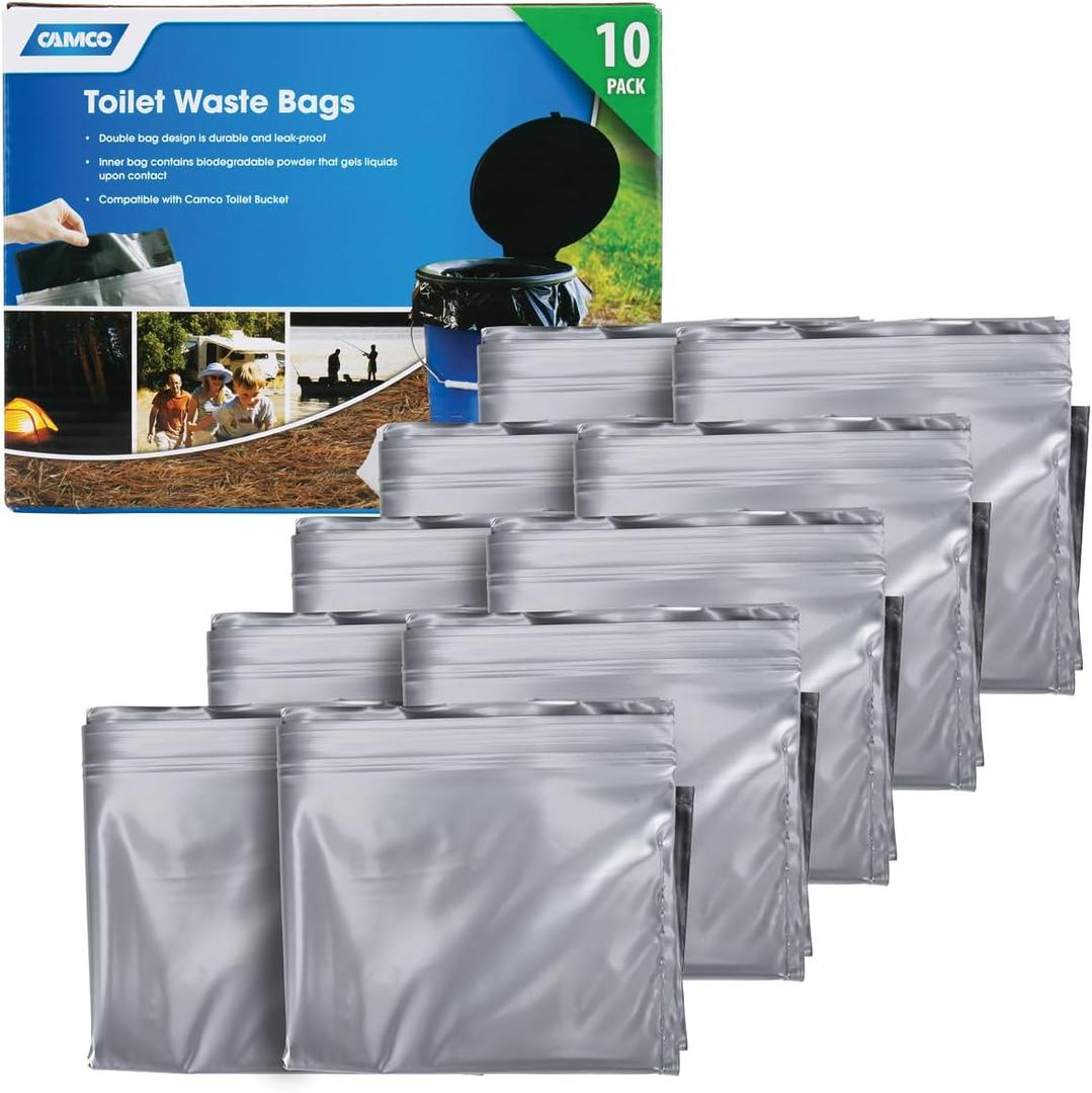 Camco Toilet Waste Bags - Features a Biodegradable Powder & Leak Proof Double Bag Design - Great for Camping, RVing, Hiking, or Boating - 10-Pack