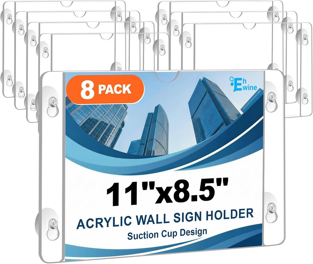 EHWINE 8 Pack Acrylic Window Sign Holder 8.511 Horizontal with 4 Suction Cups, Clear Acrylic Frames Wall Mount Advertising Signage Sign Holder for Store, School, Office, Home